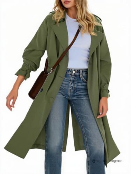 Jackets & Blazers - Womens Long Trench Coat Double Breasted Notch Lapel Overcoat Belted